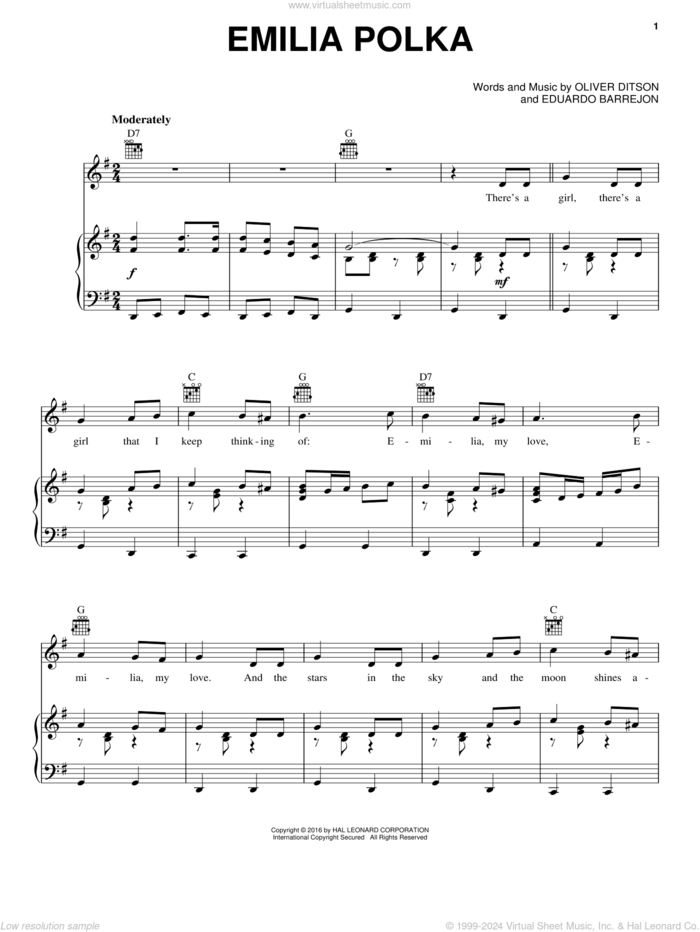 Emilia Polka sheet music for voice, piano or guitar by Oliver Ditson & Eduardo Barrejon, Eduardo Barrejon and Oliver Ditson, intermediate skill level