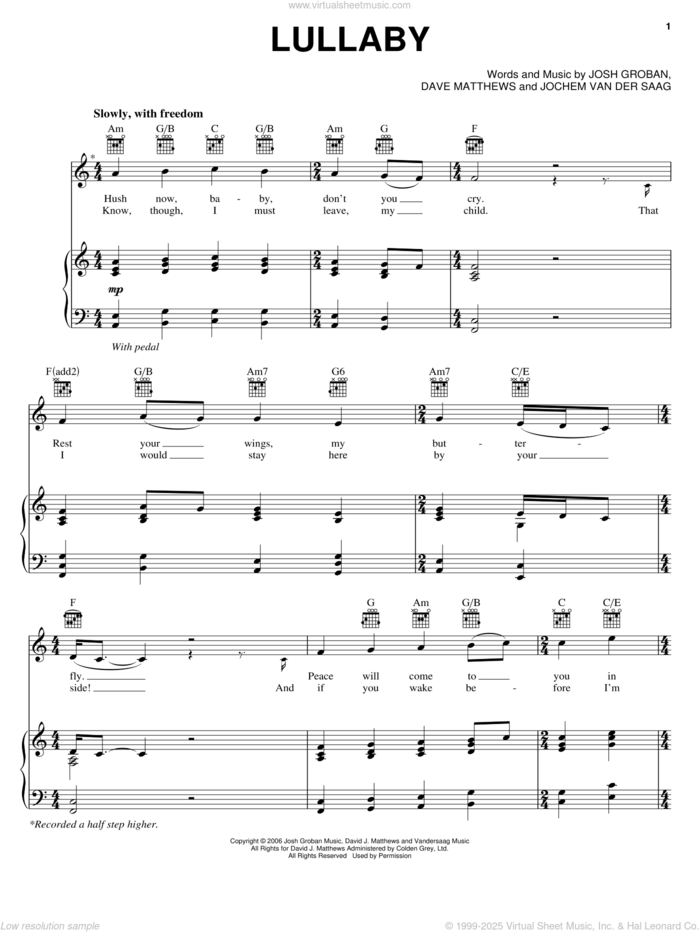 Lullaby sheet music for voice, piano or guitar by Josh Groban, Dave Matthews and Jochem Van Der Saag, intermediate skill level