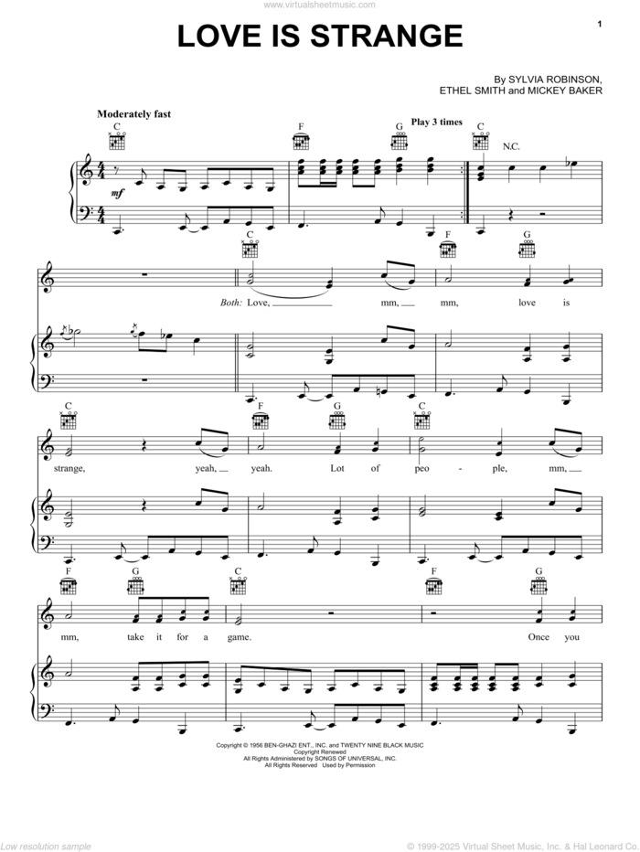 Love Is Strange sheet music for voice, piano or guitar by Mickey & Sylvia, Ethel Smith, Mickey Baker and Sylvia Robinson, intermediate skill level