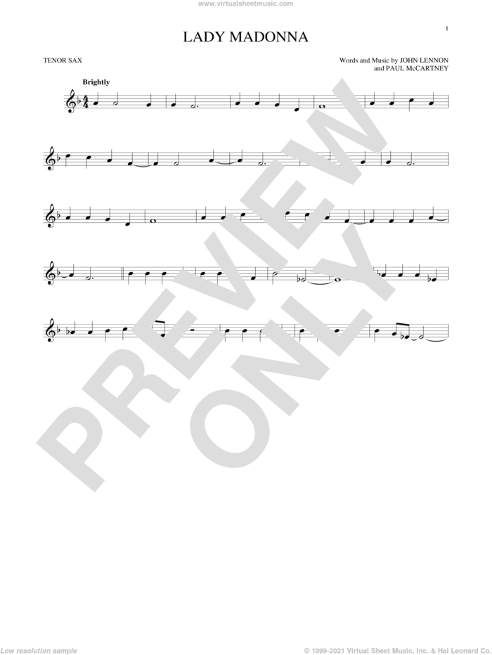 Lady Madonna sheet music for tenor saxophone solo by The Beatles, John Lennon and Paul McCartney, intermediate skill level