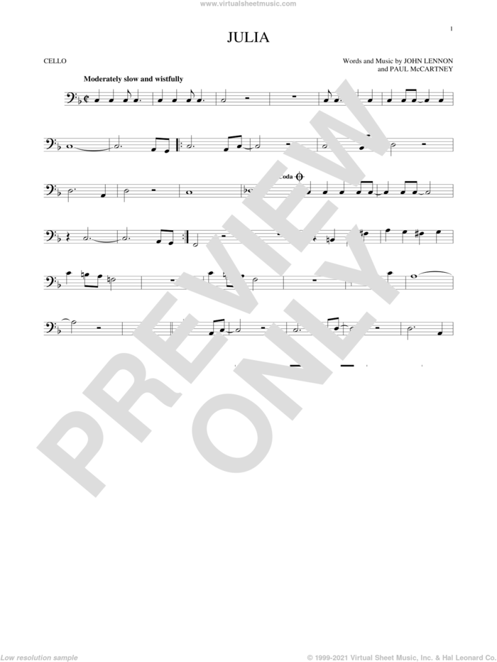 Julia sheet music for cello solo by The Beatles, John Lennon and Paul McCartney, intermediate skill level