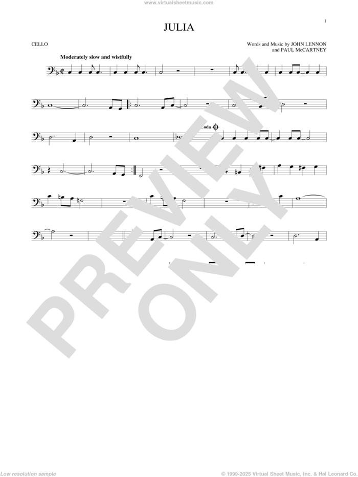 Julia sheet music for cello solo by The Beatles, John Lennon and Paul McCartney, intermediate skill level