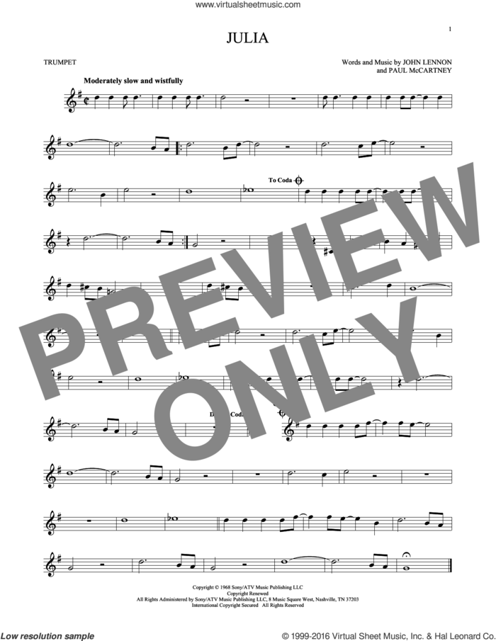 Julia sheet music for trumpet solo by The Beatles, John Lennon and Paul McCartney, intermediate skill level