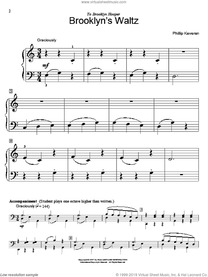 Brooklyn's Waltz sheet music for piano four hands by Phillip Keveren, intermediate skill level