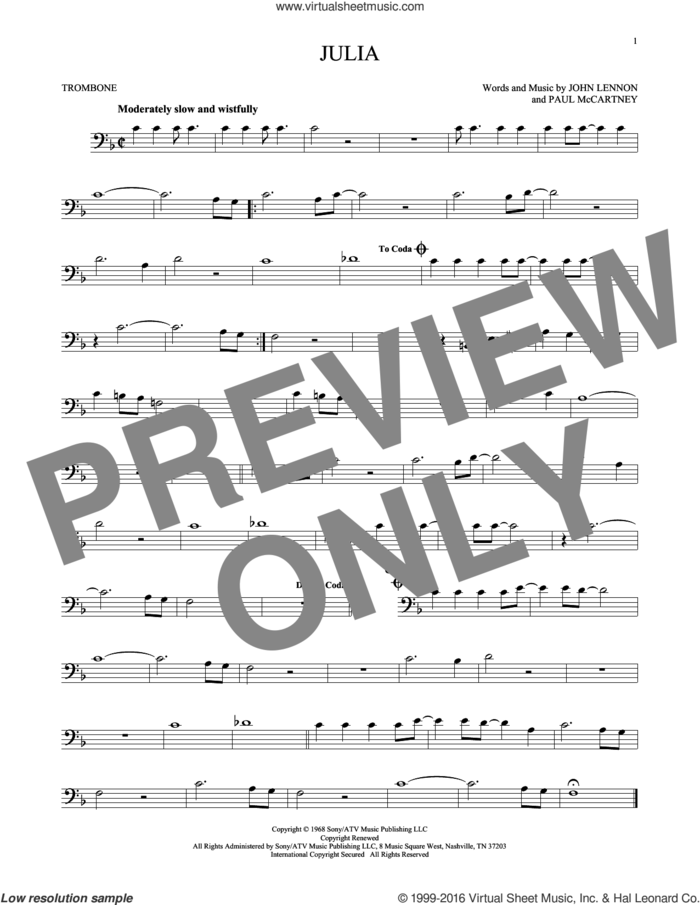 Julia sheet music for trombone solo by The Beatles, John Lennon and Paul McCartney, intermediate skill level