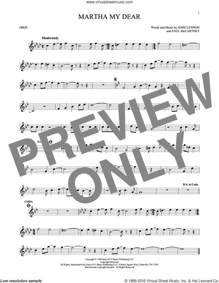 Martha My Dear sheet music for oboe solo by The Beatles, John Lennon and Paul McCartney, intermediate skill level