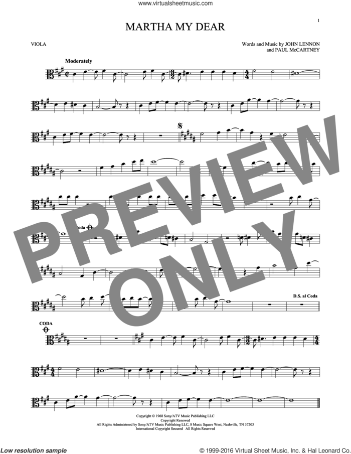 Martha My Dear sheet music for viola solo by The Beatles, John Lennon and Paul McCartney, intermediate skill level