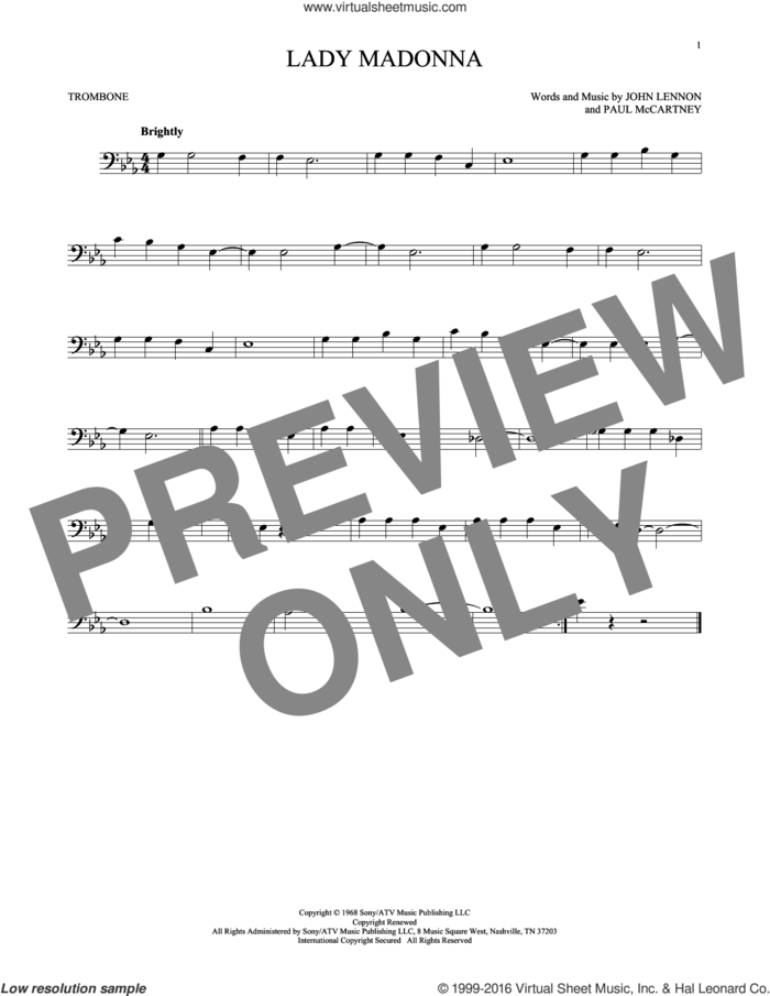 Lady Madonna sheet music for trombone solo by The Beatles, John Lennon and Paul McCartney, intermediate skill level