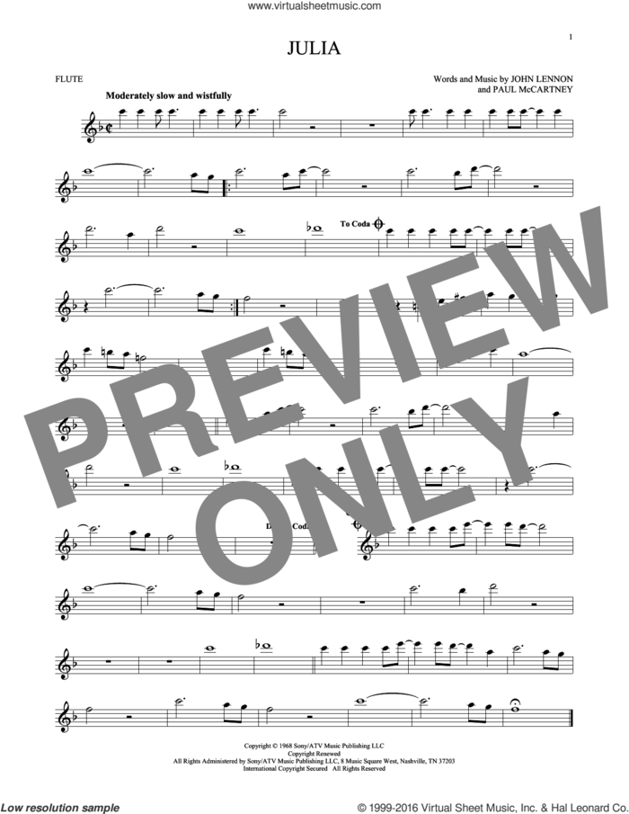 Julia sheet music for flute solo by The Beatles, John Lennon and Paul McCartney, intermediate skill level