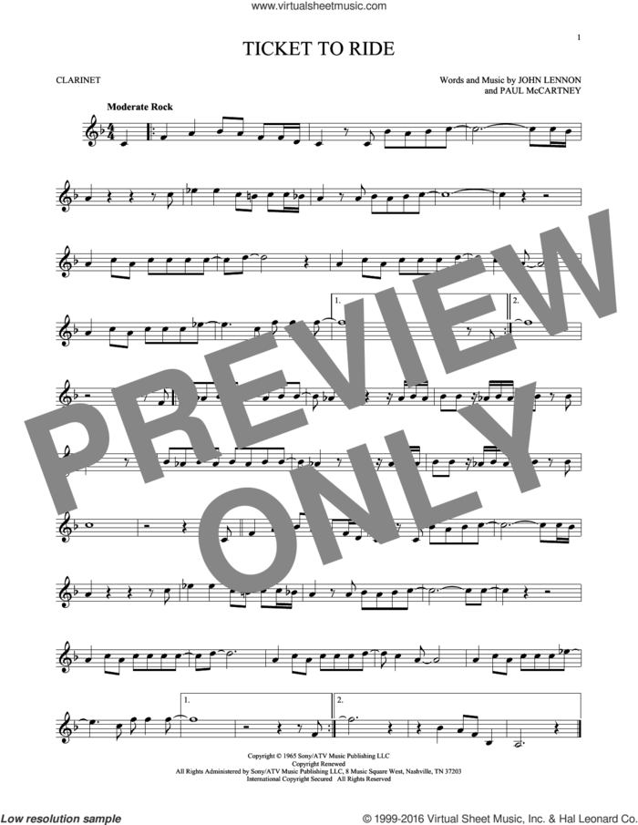 Ticket To Ride sheet music for clarinet solo by The Beatles, John Lennon and Paul McCartney, intermediate skill level