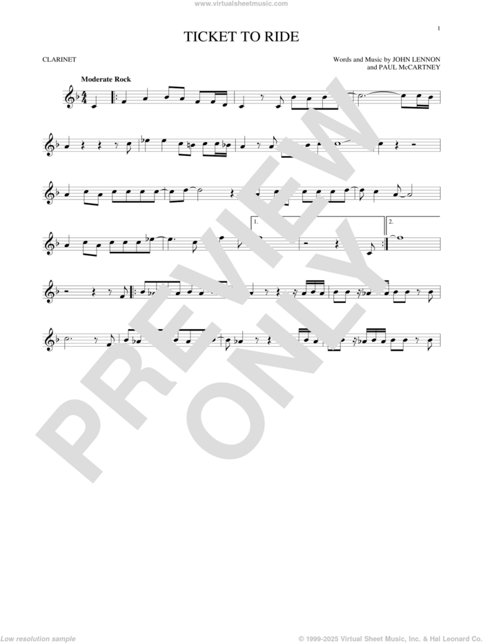 Ticket To Ride sheet music for clarinet solo by The Beatles, John Lennon and Paul McCartney, intermediate skill level