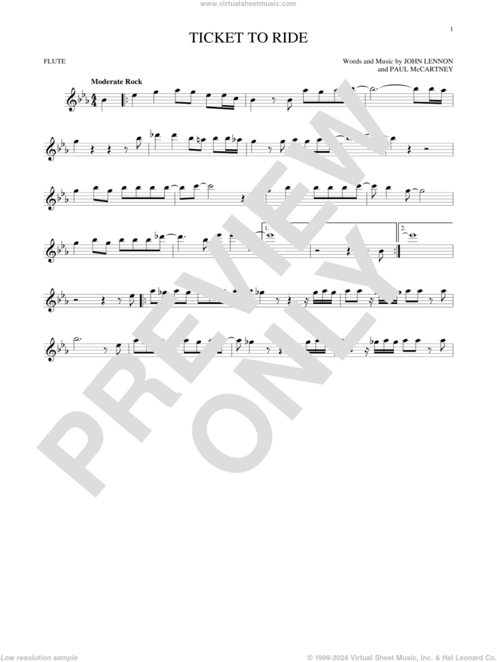 Ticket To Ride sheet music for flute solo by The Beatles, John Lennon and Paul McCartney, intermediate skill level