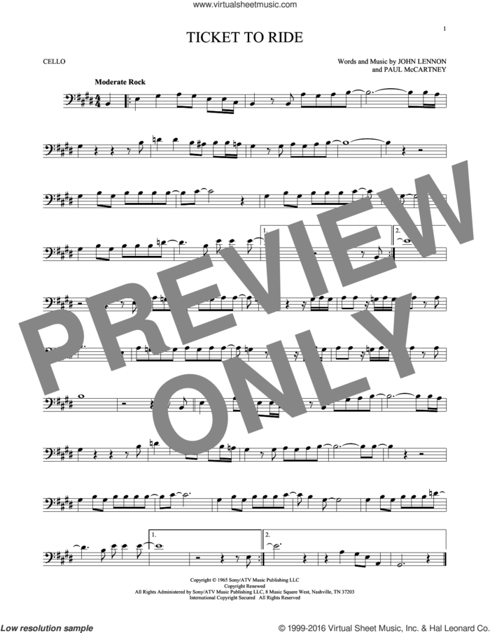 Ticket To Ride sheet music for cello solo by The Beatles, John Lennon and Paul McCartney, intermediate skill level