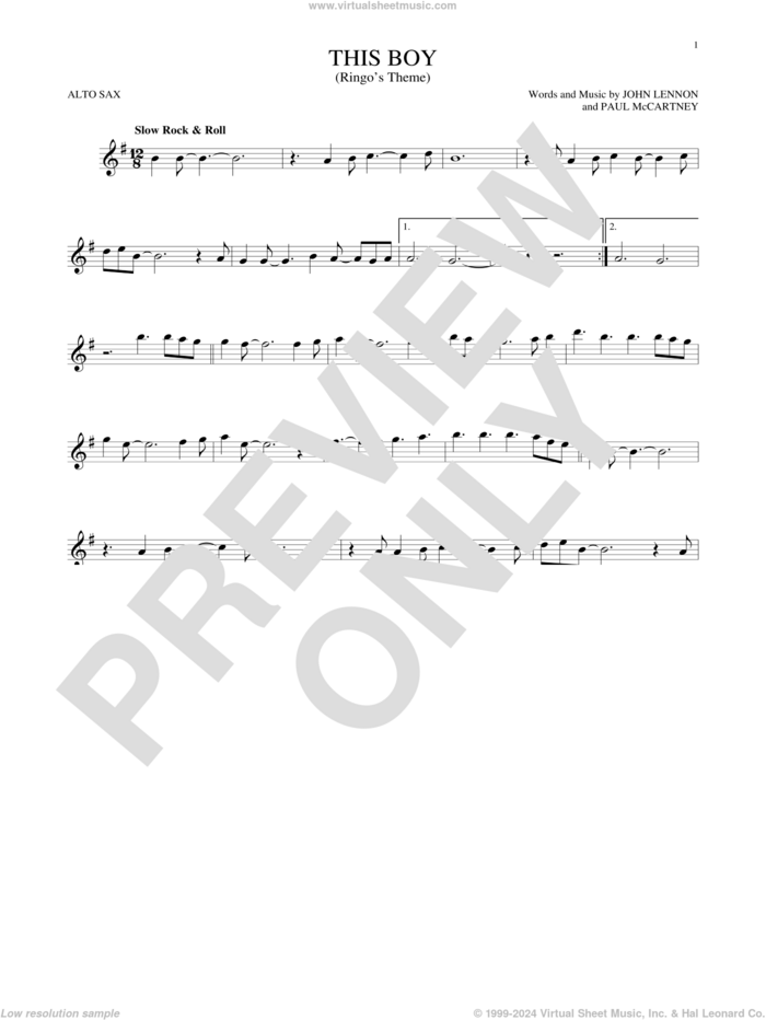 This Boy (Ringo's Theme) sheet music for alto saxophone solo by The Beatles, John Lennon and Paul McCartney, intermediate skill level