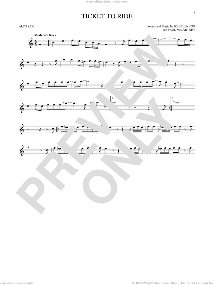 Ticket To Ride sheet music for alto saxophone solo by The Beatles, John Lennon and Paul McCartney, intermediate skill level