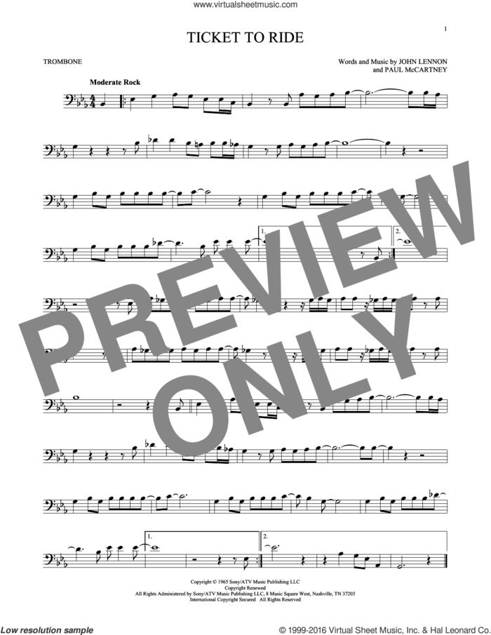 Ticket To Ride sheet music for trombone solo by The Beatles, John Lennon and Paul McCartney, intermediate skill level