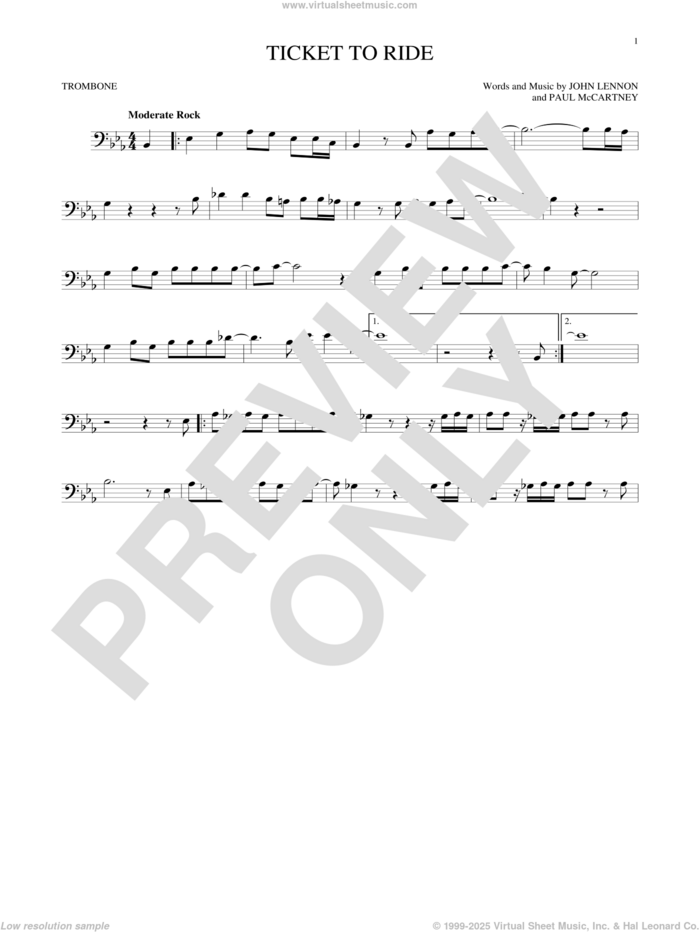 Ticket To Ride sheet music for trombone solo by The Beatles, John Lennon and Paul McCartney, intermediate skill level