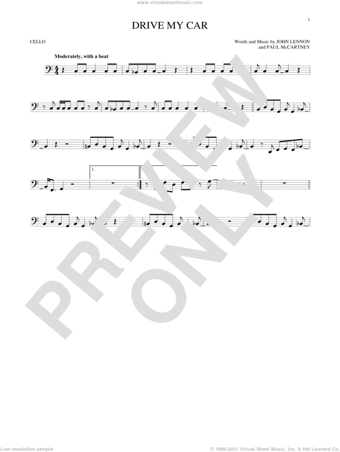 Drive My Car sheet music for cello solo by The Beatles, John Lennon and Paul McCartney, intermediate skill level