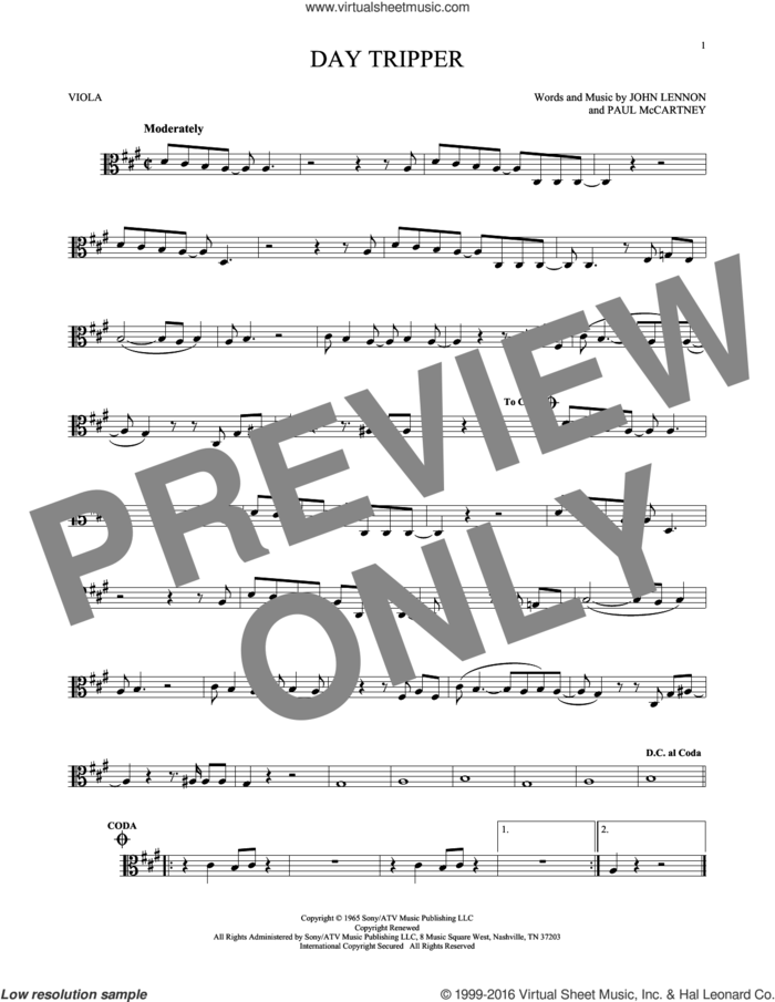Day Tripper sheet music for viola solo by The Beatles, John Lennon and Paul McCartney, intermediate skill level