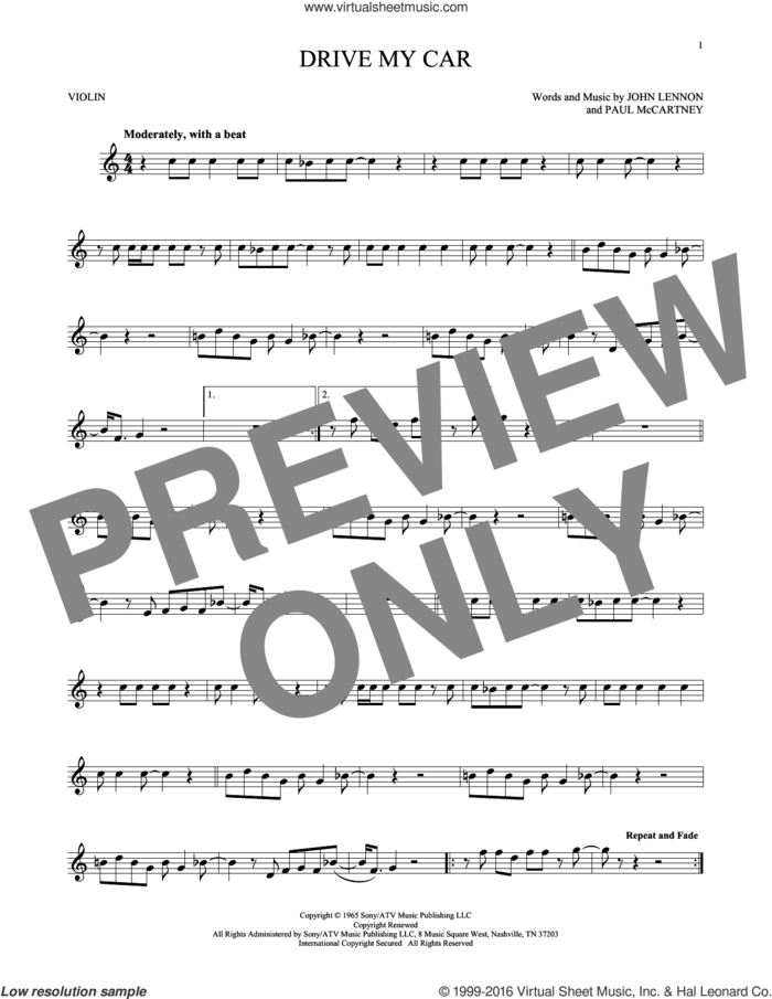 Drive My Car sheet music for violin solo by The Beatles, John Lennon and Paul McCartney, intermediate skill level