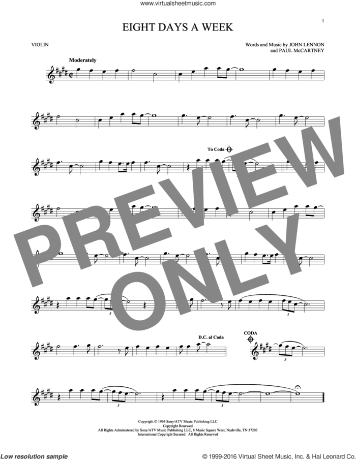 Eight Days A Week sheet music for violin solo by The Beatles, John Lennon and Paul McCartney, intermediate skill level