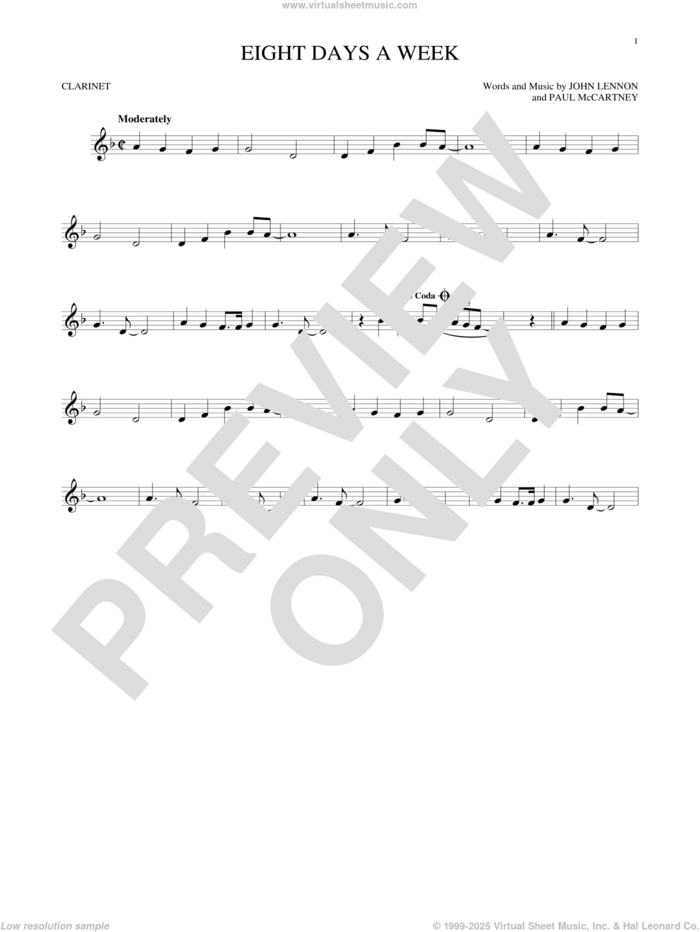 Eight Days A Week sheet music for clarinet solo by The Beatles, John Lennon and Paul McCartney, intermediate skill level