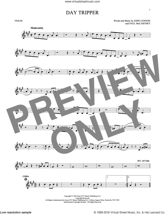 Day Tripper sheet music for violin solo by The Beatles, John Lennon and Paul McCartney, intermediate skill level