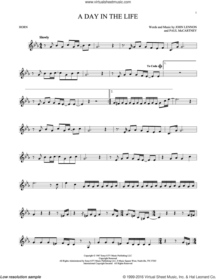 A Day In The Life sheet music for horn solo by The Beatles, John Lennon and Paul McCartney, intermediate skill level