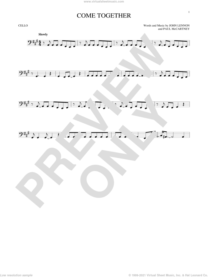 Come Together sheet music for cello solo by The Beatles, John Lennon and Paul McCartney, intermediate skill level
