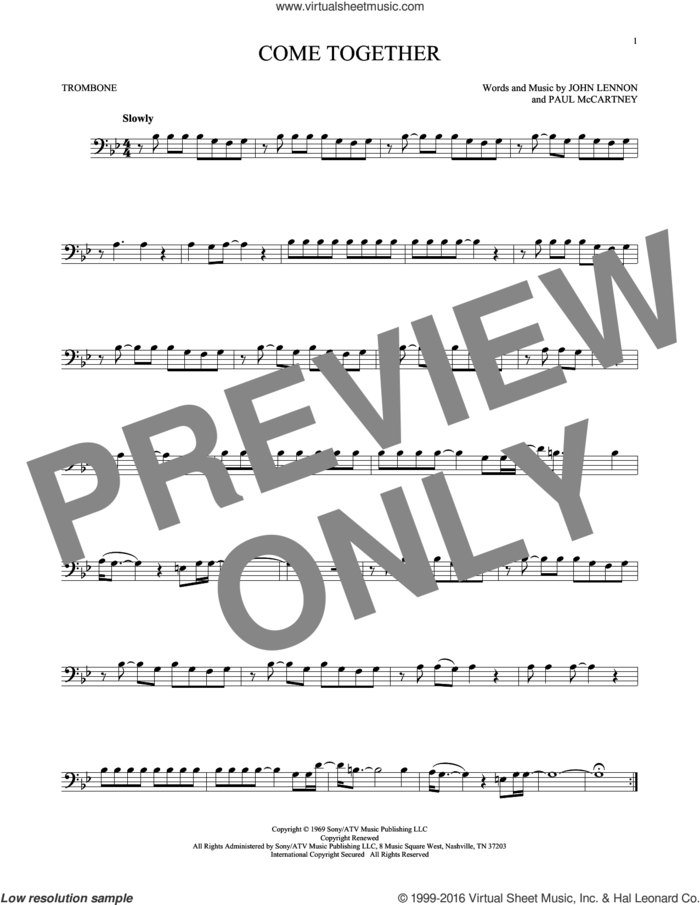 Come Together sheet music for trombone solo by The Beatles, John Lennon and Paul McCartney, intermediate skill level