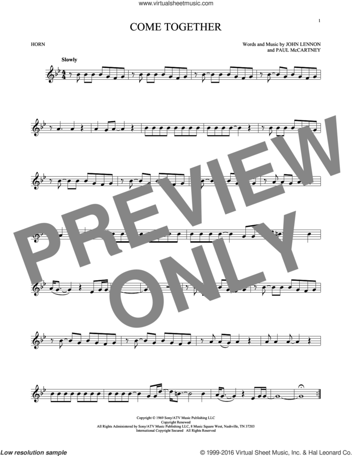 Come Together sheet music for horn solo by The Beatles, John Lennon and Paul McCartney, intermediate skill level