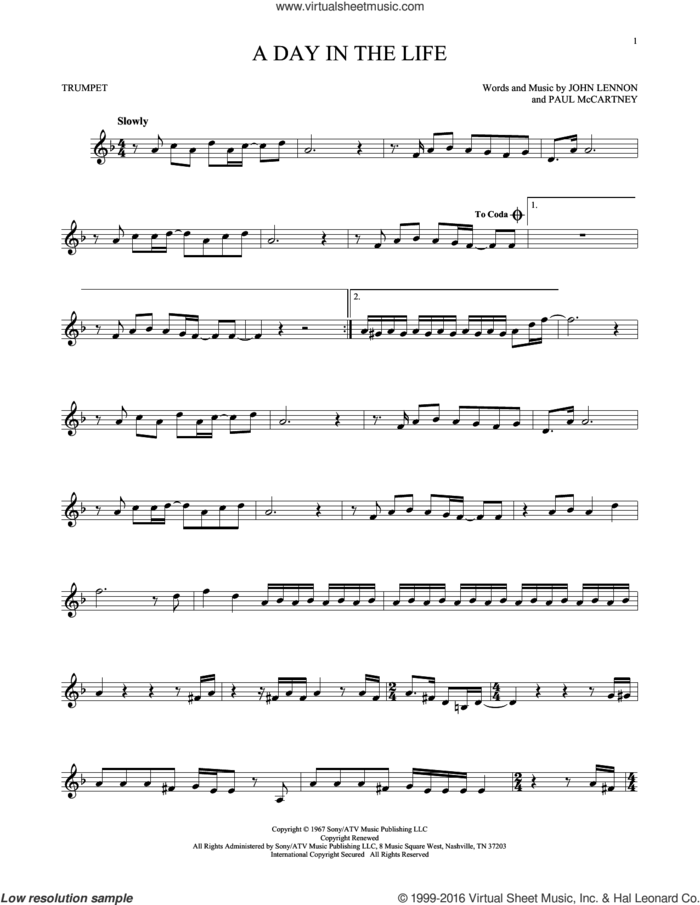A Day In The Life sheet music for trumpet solo by The Beatles, John Lennon and Paul McCartney, intermediate skill level