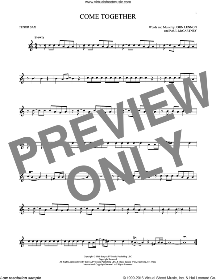 Come Together sheet music for tenor saxophone solo by The Beatles, John Lennon and Paul McCartney, intermediate skill level