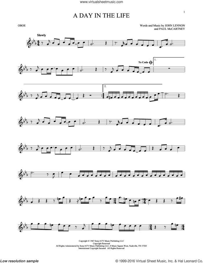 A Day In The Life sheet music for oboe solo by The Beatles, John Lennon and Paul McCartney, intermediate skill level