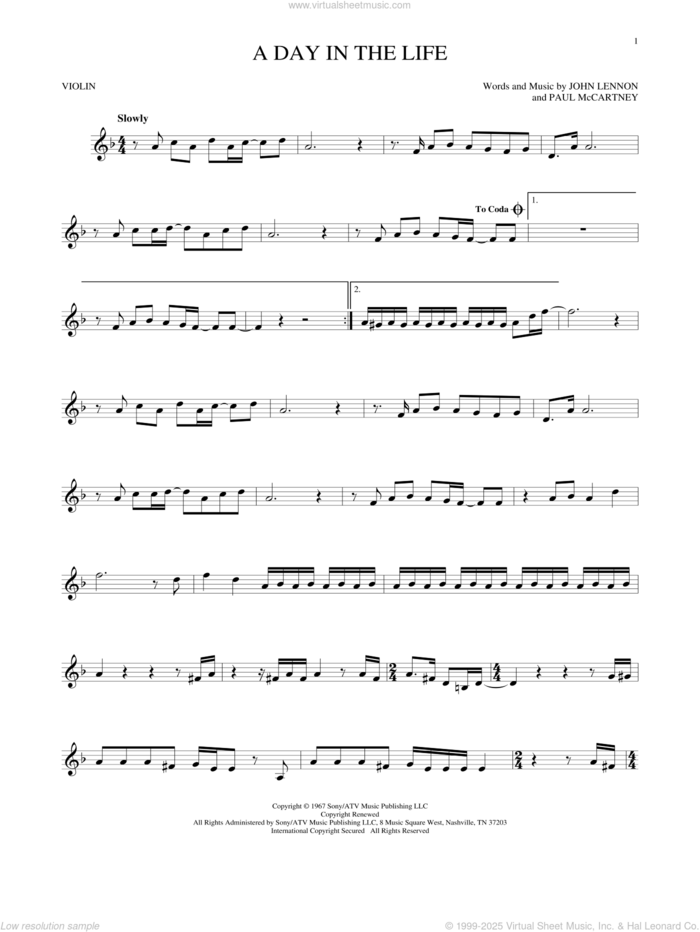 A Day In The Life sheet music for violin solo by The Beatles, John Lennon and Paul McCartney, intermediate skill level