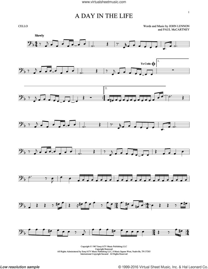 A Day In The Life sheet music for cello solo by The Beatles, John Lennon and Paul McCartney, intermediate skill level