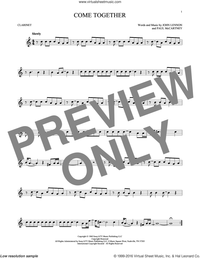 Come Together sheet music for clarinet solo by The Beatles, John Lennon and Paul McCartney, intermediate skill level