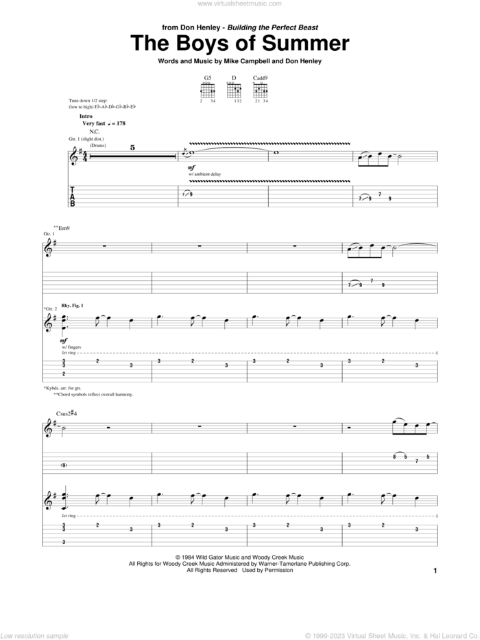 The Boys Of Summer sheet music for guitar (tablature) by Don Henley and Mike Campbell, intermediate skill level