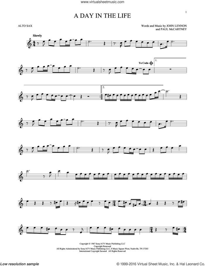 A Day In The Life sheet music for alto saxophone solo by The Beatles, John Lennon and Paul McCartney, intermediate skill level