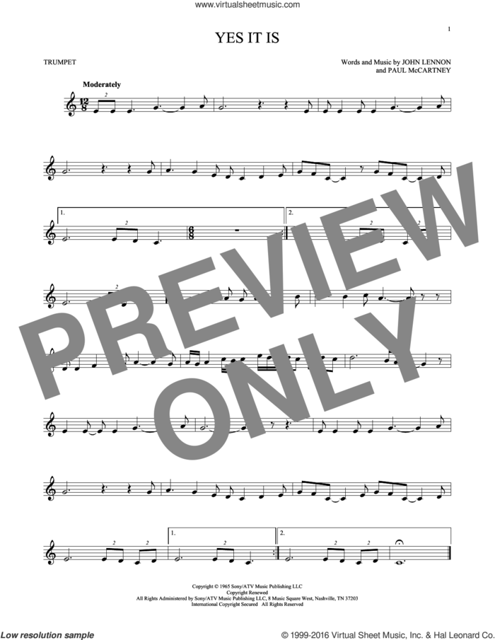 Yes It Is sheet music for trumpet solo by The Beatles, John Lennon and Paul McCartney, intermediate skill level