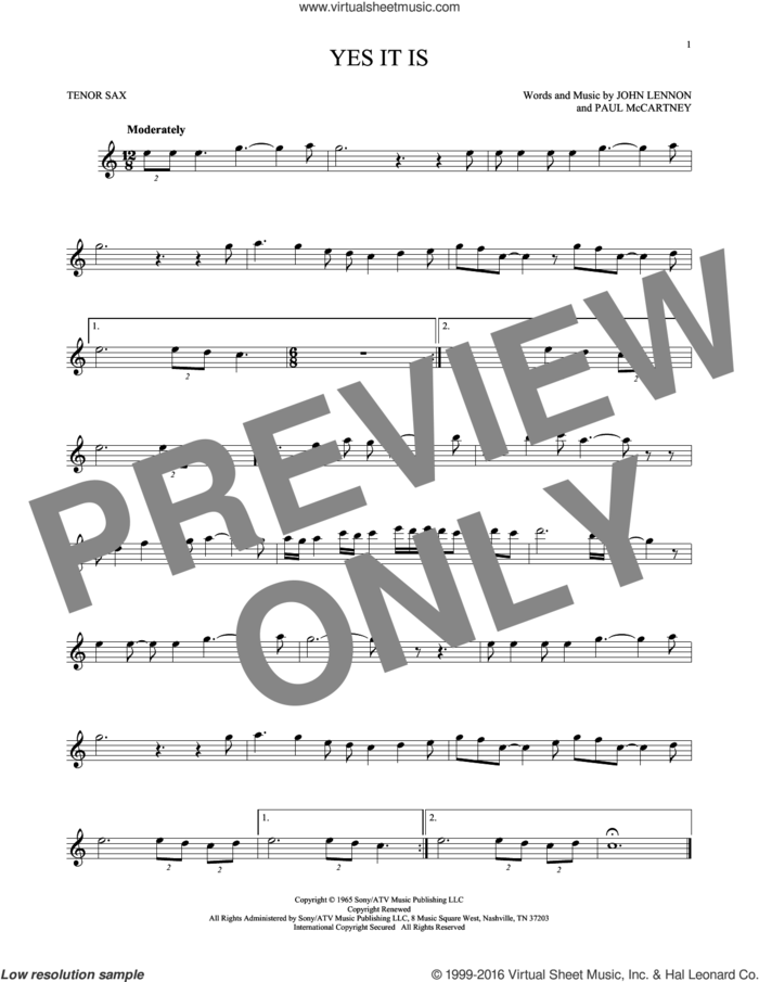 Yes It Is sheet music for tenor saxophone solo by The Beatles, John Lennon and Paul McCartney, intermediate skill level