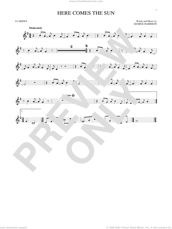 Here Comes The Sun sheet music for clarinet solo by The Beatles and George Harrison, intermediate skill level