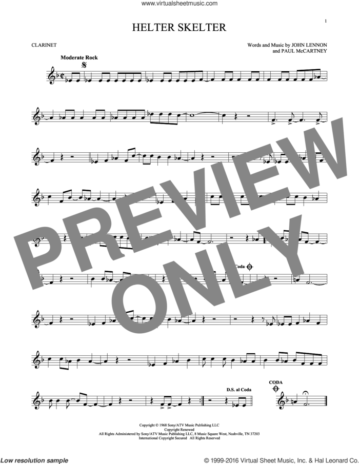 Helter Skelter sheet music for clarinet solo by The Beatles, John Lennon and Paul McCartney, intermediate skill level