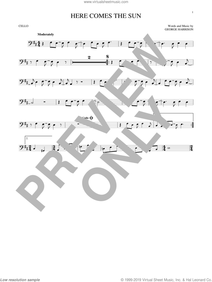 Here Comes The Sun sheet music for cello solo by The Beatles and George Harrison, intermediate skill level