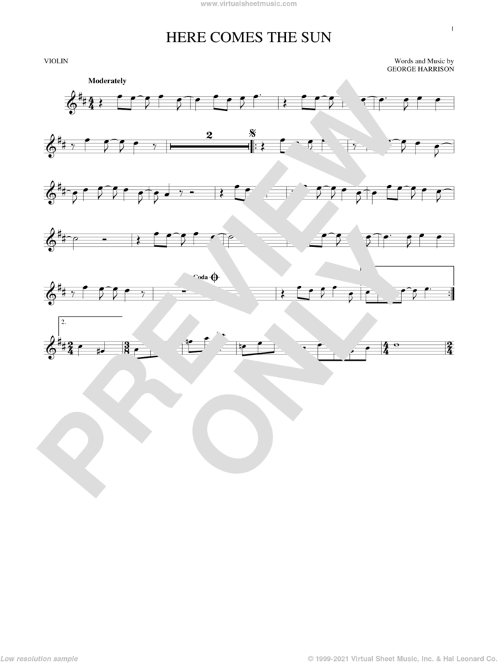 Here Comes The Sun sheet music for violin solo by The Beatles and George Harrison, intermediate skill level