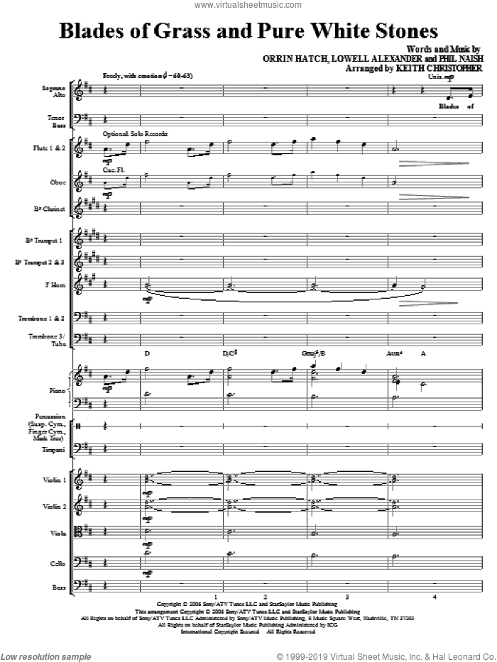 Blades Of Grass And Pure White Stones (COMPLETE) sheet music for orchestra/band (Orchestra) by Keith Christopher, Lowell Alexander, Orrin Hatch and Phil Naish, intermediate skill level