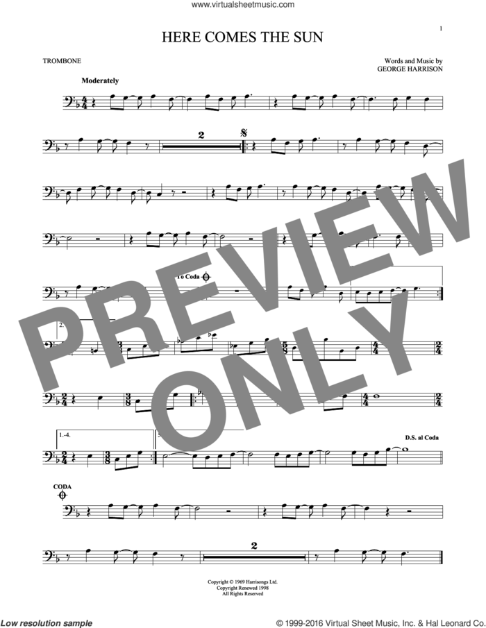 Here Comes The Sun sheet music for trombone solo by The Beatles and George Harrison, intermediate skill level