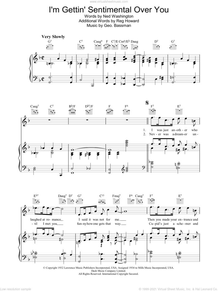 I'm Gettin' Sentimental Over You sheet music for voice, piano or guitar by Frank Sinatra, George Bassman and Ned Washington, intermediate skill level