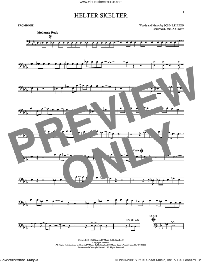 Helter Skelter sheet music for trombone solo by The Beatles, John Lennon and Paul McCartney, intermediate skill level