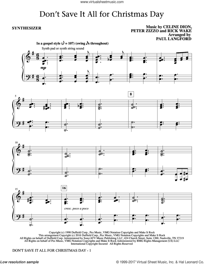 Don't Save It All for Christmas Day (complete set of parts) sheet music for orchestra/band by Celine Dion, Avalon, Paul Langford, Peter Zizzo and Ric Wake, intermediate skill level